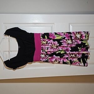 Maurices Black Pink Floral Midi Dress Stretch Sundress Size M